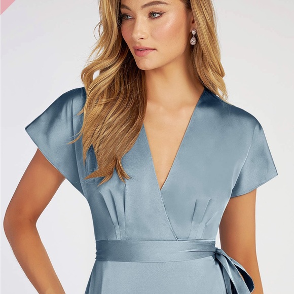 Azazie Nico Dusty Blue A-Line Satin Bridesmaid Wrap Dress Size A8 - Picture 4 of 9